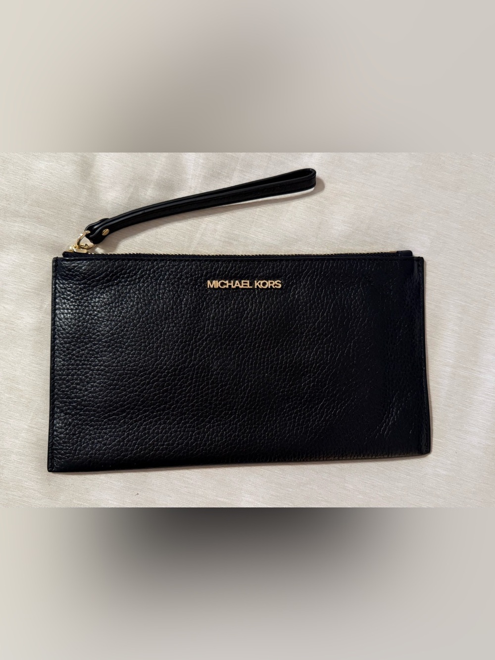 Michael Kors Black Pebbled Leather Wristlet with Gold Logo